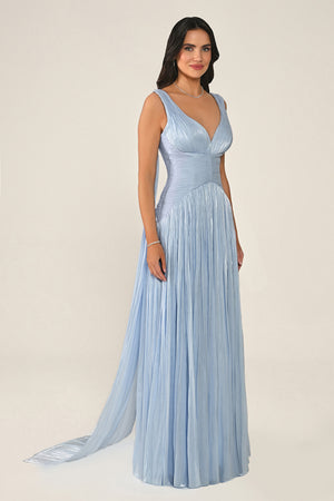 Long Shiny Chiffon Dress with Plunging Neckline and Train