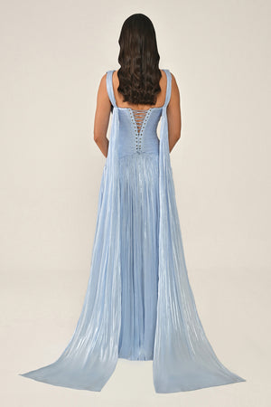 Long Shiny Chiffon Dress with Plunging Neckline and Train