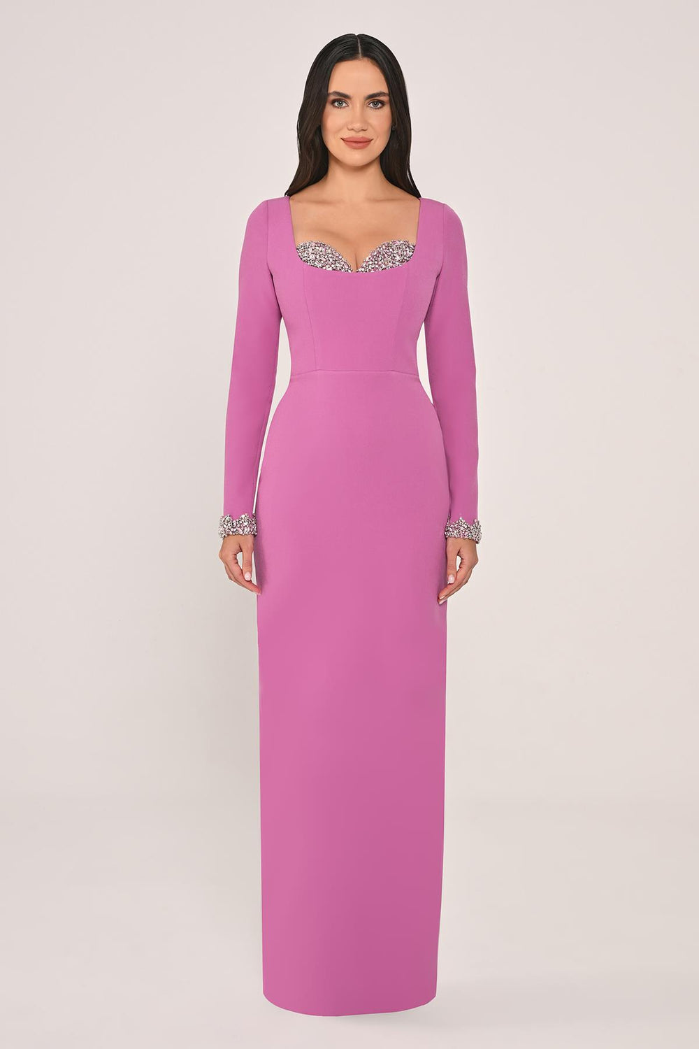Slim Fit Crepe Long Dress with Embroidered Chest and Sleeves