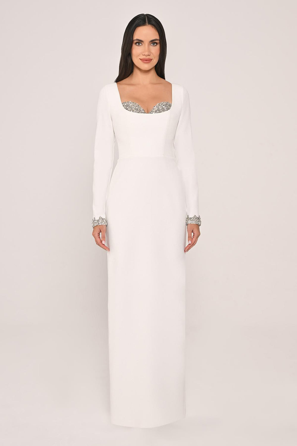 Slim Fit Crepe Long Dress with Embroidered Chest and Sleeves