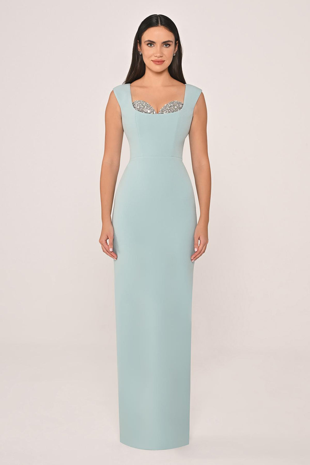 Slim Fit Crepe Long Dress with Bust Accessories