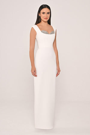 Slim Fit Crepe Long Dress with Bust Accessories