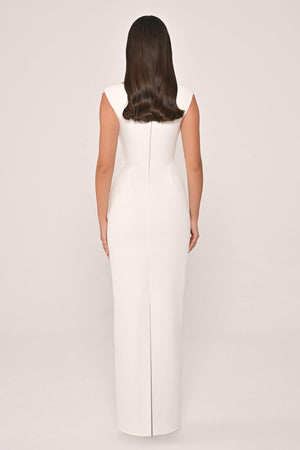 Slim Fit Crepe Long Dress with Bust Accessories