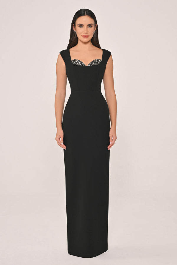 Slim Fit Crepe Long Dress with Bust Accessories
