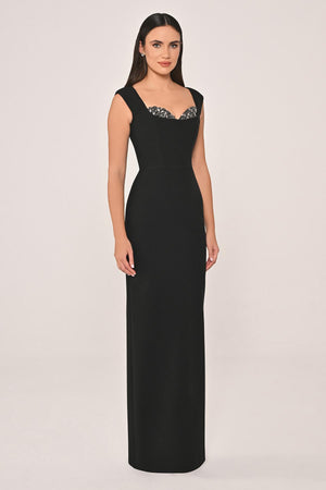 Slim Fit Crepe Long Dress with Bust Accessories