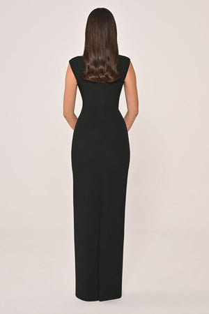 Slim Fit Crepe Long Dress with Bust Accessories