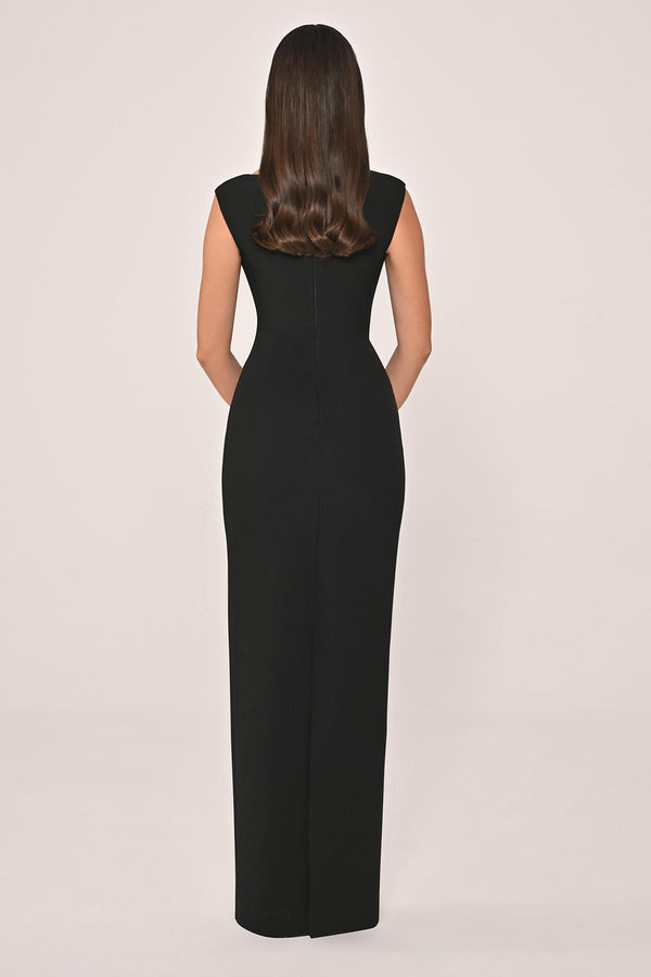 Slim Fit Crepe Long Dress with Bust Accessories