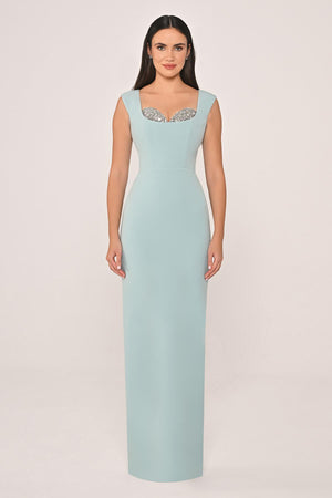 Slim Fit Crepe Long Dress with Bust Accessories