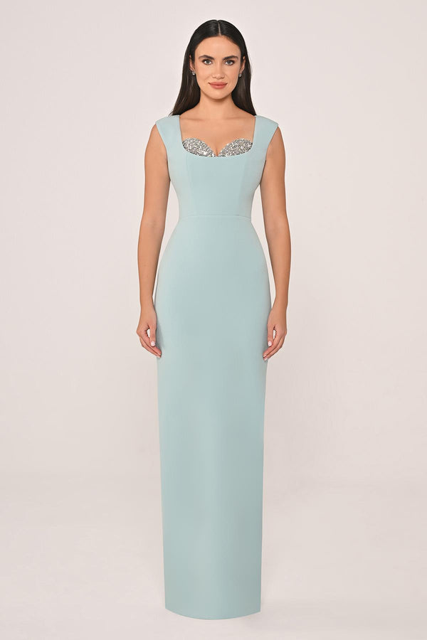 Slim Fit Crepe Long Dress with Bust Accessories