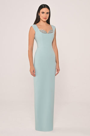 Slim Fit Crepe Long Dress with Bust Accessories