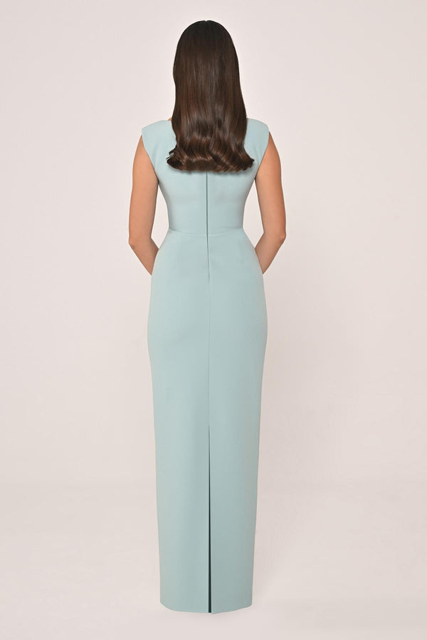 Slim Fit Crepe Long Dress with Bust Accessories
