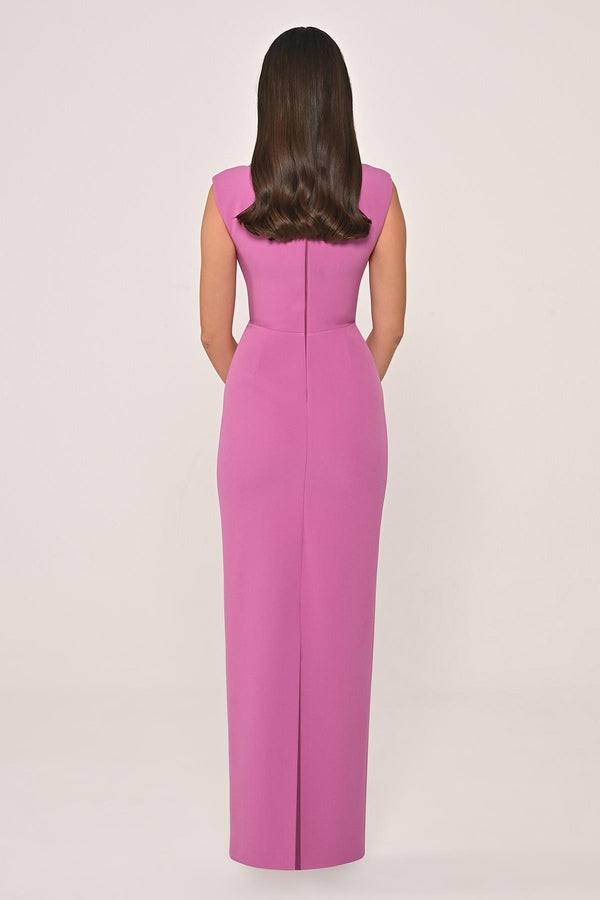 Slim Fit Crepe Long Dress with Bust Accessories