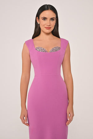 Slim Fit Crepe Long Dress with Bust Accessories