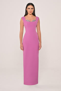 Slim Fit Crepe Long Dress with Bust Accessories