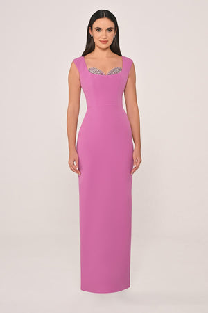 Slim Fit Crepe Long Dress with Bust Accessories