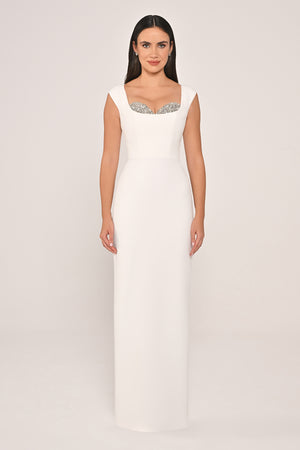 Slim Fit Crepe Long Dress with Bust Accessories