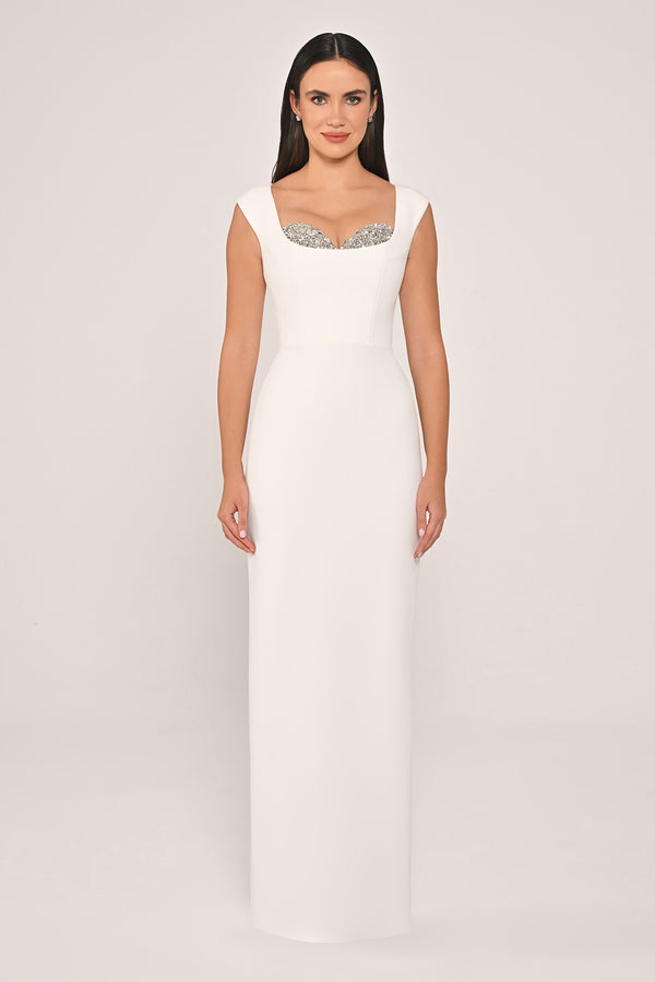 Slim Fit Crepe Long Dress with Bust Accessories