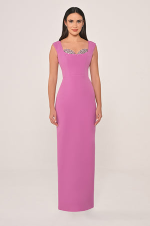 Slim Fit Crepe Long Dress with Bust Accessories