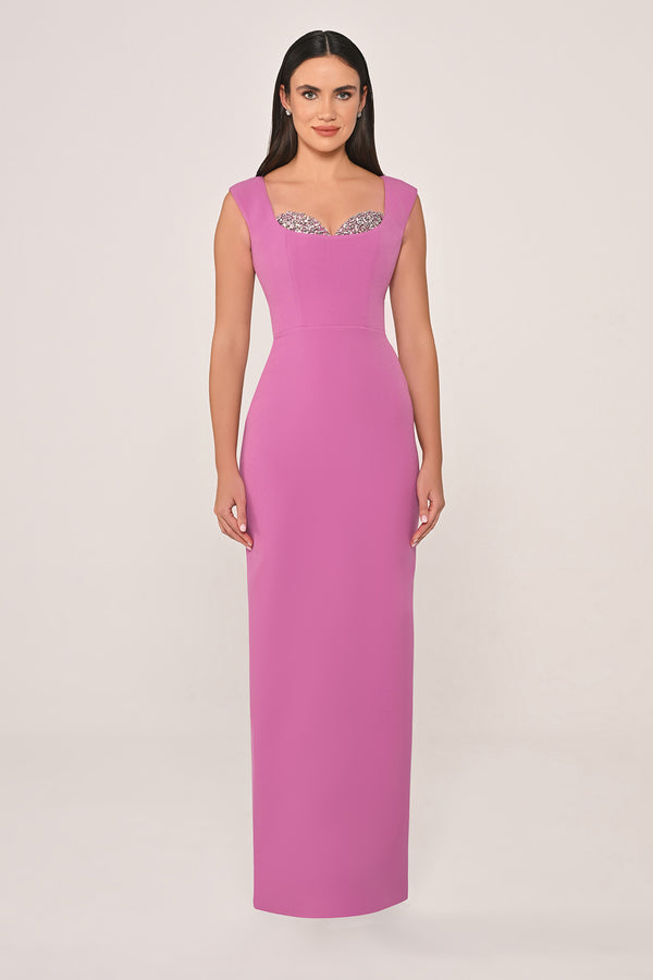 Slim Fit Crepe Long Dress with Bust Accessories