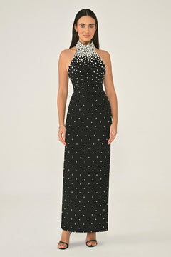 Halter Neck Beaded Back Slit Crepe Dress
