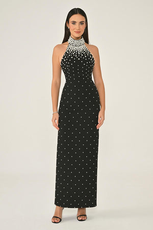 Halter Neck Beaded Back Slit Crepe Dress