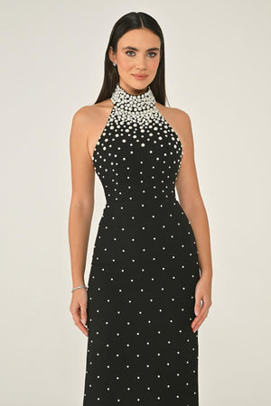 Halter Neck Beaded Back Slit Crepe Dress
