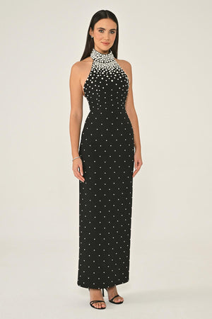 Halter Neck Beaded Back Slit Crepe Dress