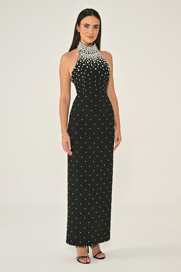 Halter Neck Beaded Back Slit Crepe Dress