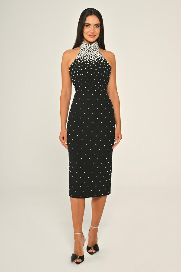 Halter Neck Beaded Crepe Midi Dress