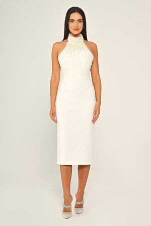 Halter Neck Beaded Crepe Midi Dress
