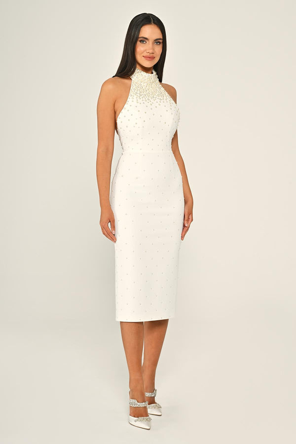 Halter Neck Beaded Crepe Midi Dress