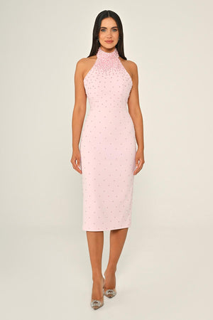 Halter Neck Beaded Crepe Midi Dress