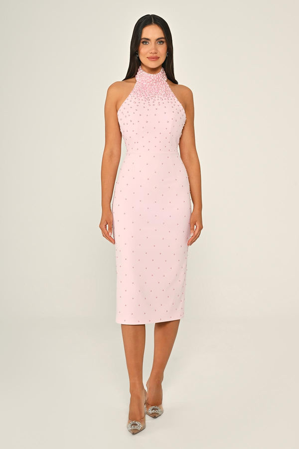 Halter Neck Beaded Crepe Midi Dress