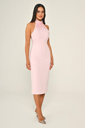 Halter Neck Beaded Crepe Midi Dress