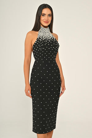 Halter Neck Beaded Crepe Midi Dress