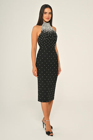 Halter Neck Beaded Crepe Midi Dress