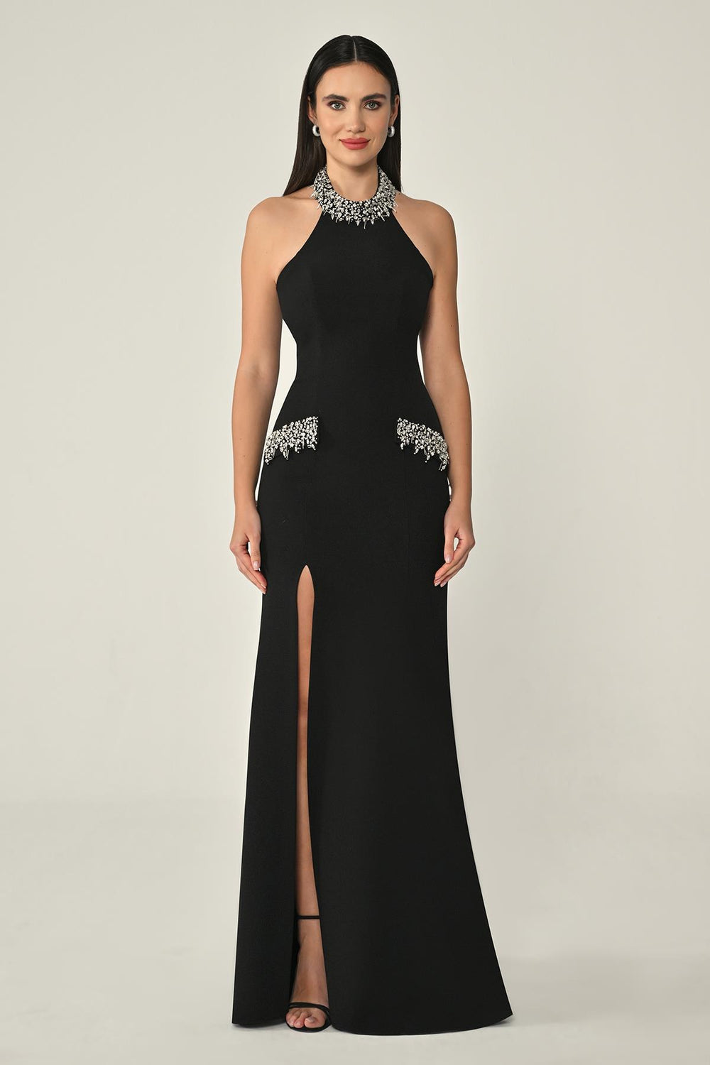 Halter Neck Crepe Long Dress with Stone Accessory on Neck and Pocket