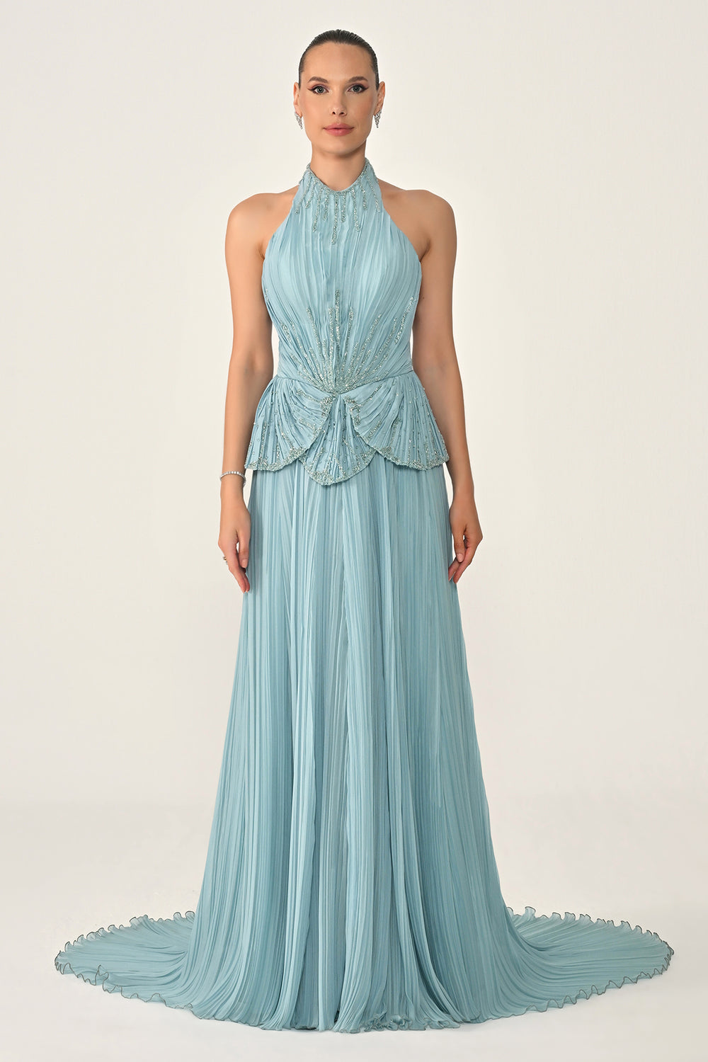 Halter Neck Backless Embellished Pleated Chiffon Long Dress