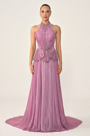 Halter Neck Backless Embellished Pleated Chiffon Long Dress