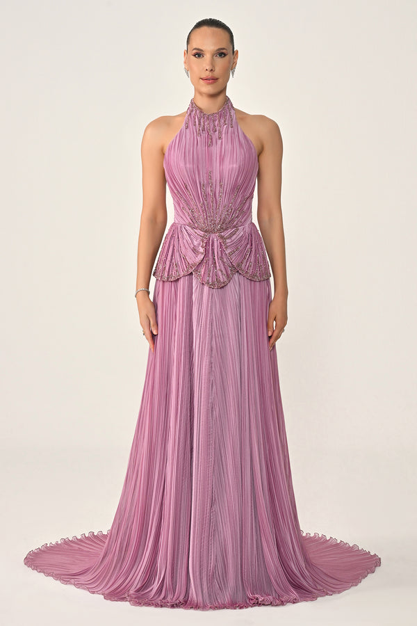 Halter Neck Backless Embellished Pleated Chiffon Long Dress