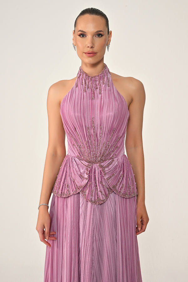 Halter Neck Backless Embellished Pleated Chiffon Long Dress