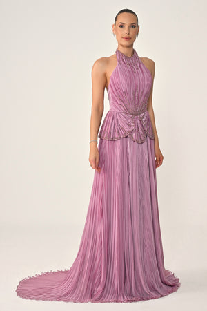 Halter Neck Backless Embellished Pleated Chiffon Long Dress