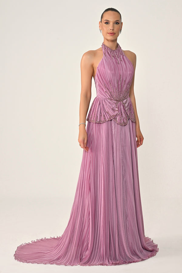 Halter Neck Backless Embellished Pleated Chiffon Long Dress