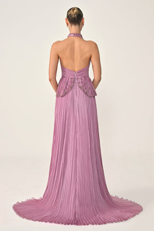 Halter Neck Backless Embellished Pleated Chiffon Long Dress
