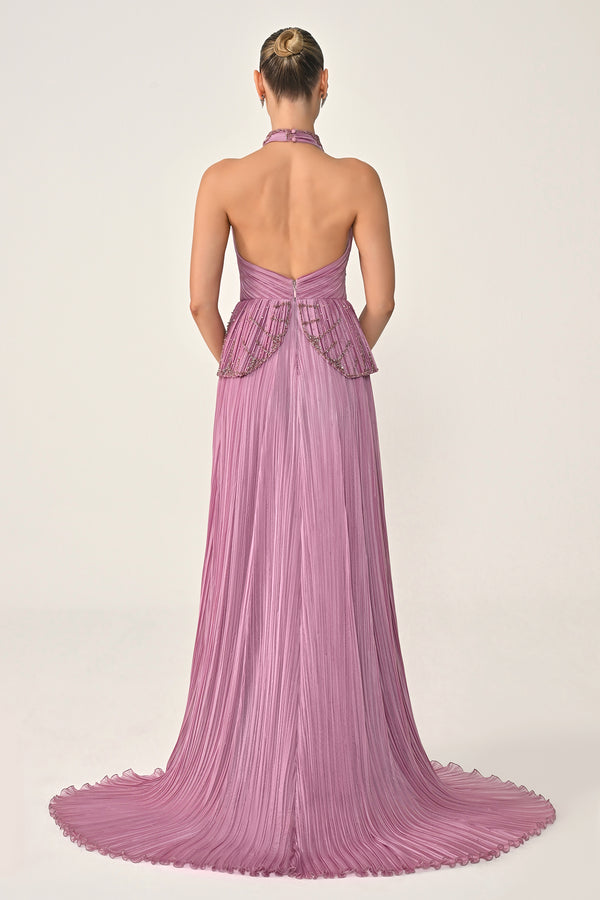 Halter Neck Backless Embellished Pleated Chiffon Long Dress