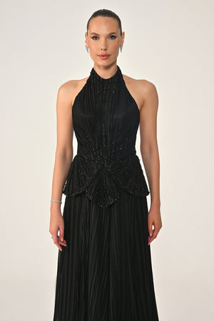 Halter Neck Backless Embellished Pleated Chiffon Long Dress