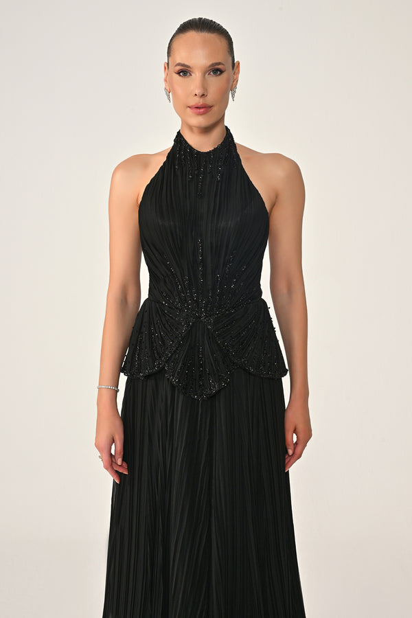 Halter Neck Backless Embellished Pleated Chiffon Long Dress