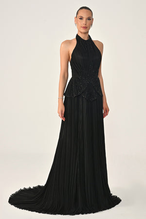 Halter Neck Backless Embellished Pleated Chiffon Long Dress