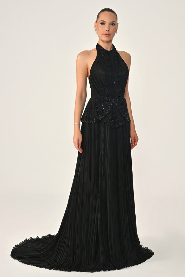 Halter Neck Backless Embellished Pleated Chiffon Long Dress