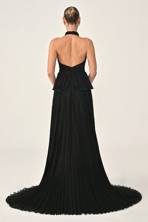 Halter Neck Backless Embellished Pleated Chiffon Long Dress